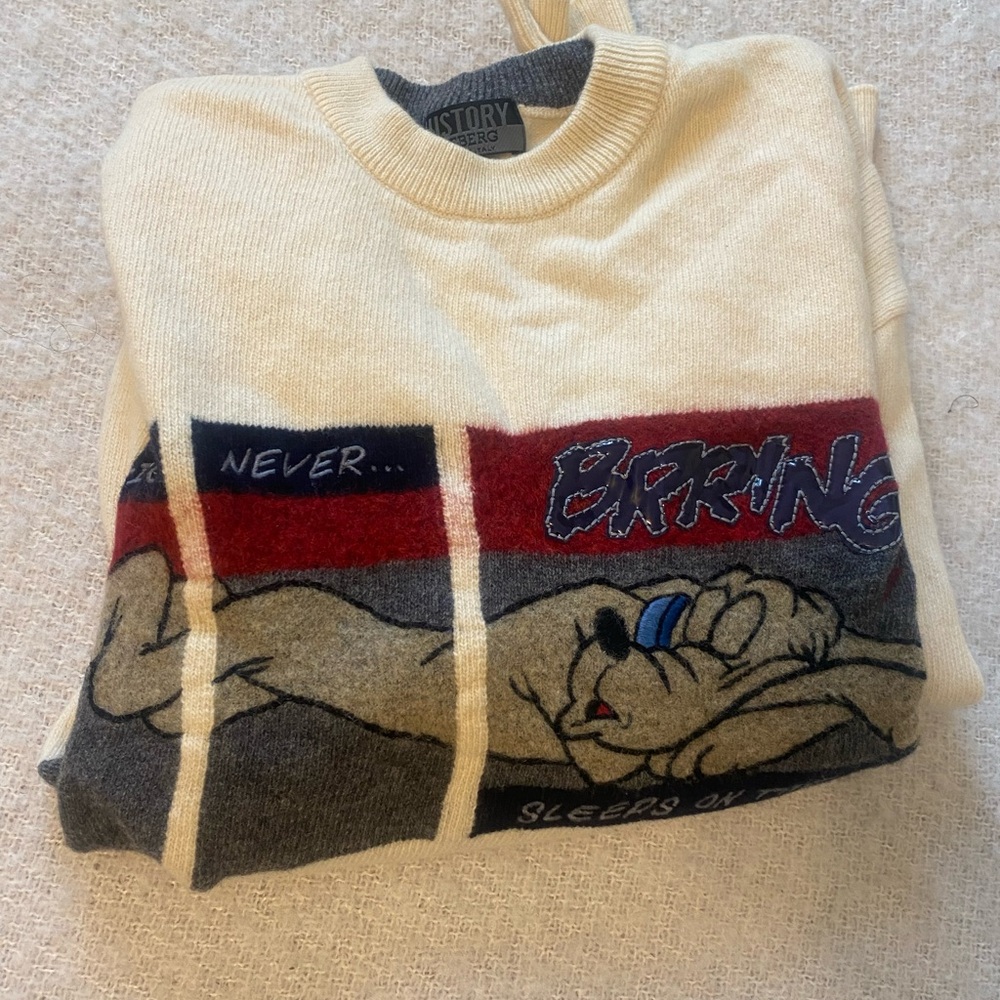 Iceberg Cream and Red Graphic Crewneck Cashemer Sweater